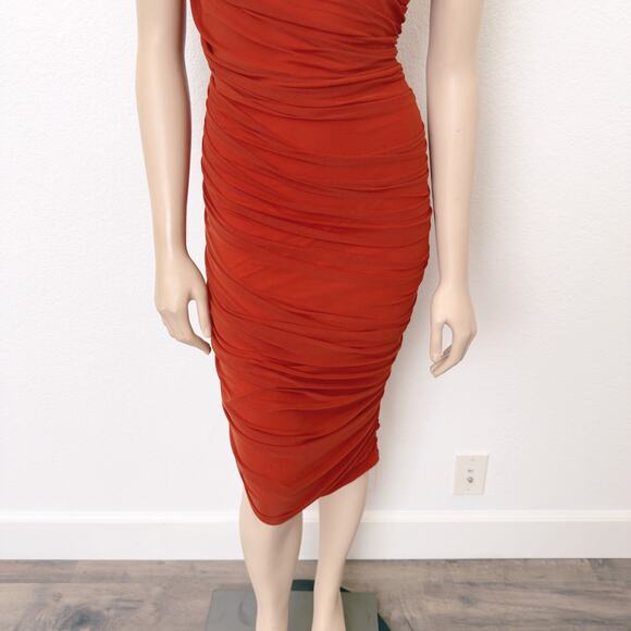 [PrettyGarden] Rust Red Ruched One Shoulder Mesh Bodycon Dress NWT Size Large L - Picture 6 of 12